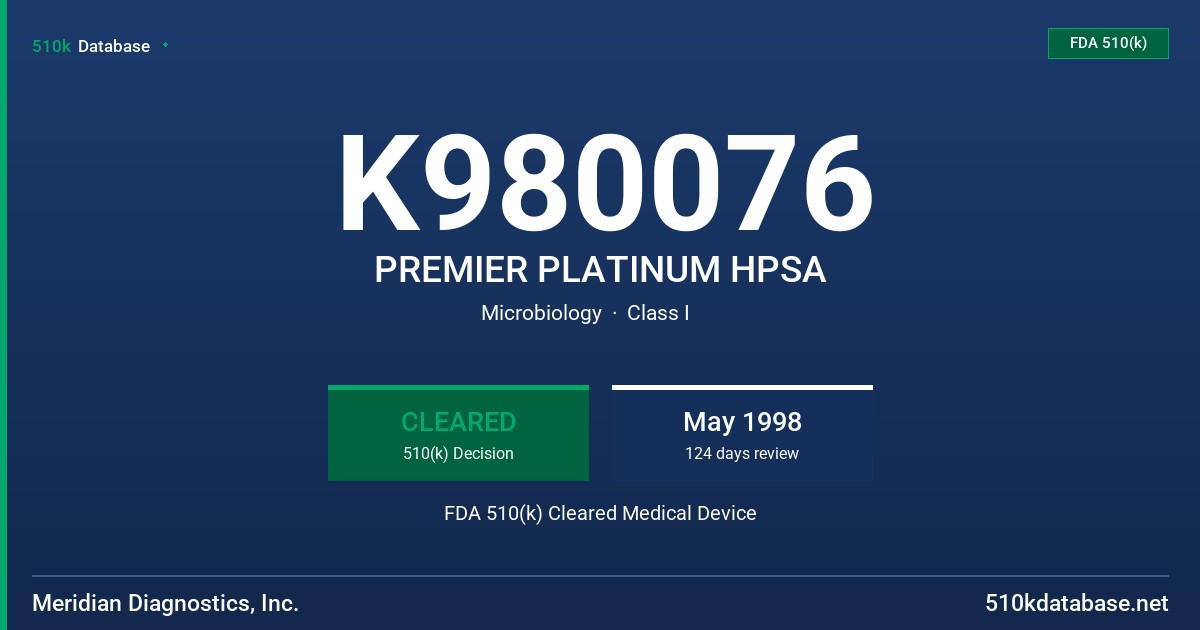 K980076 PREMIER PLATINUM HPSA FDA 510(k) Cleared Medical Device
