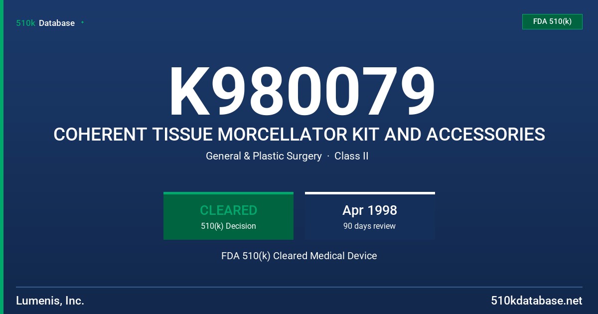 K980079 COHERENT TISSUE MORCELLATOR KIT AND ACCESSORIES FDA 510(k) Cleared Medical Device