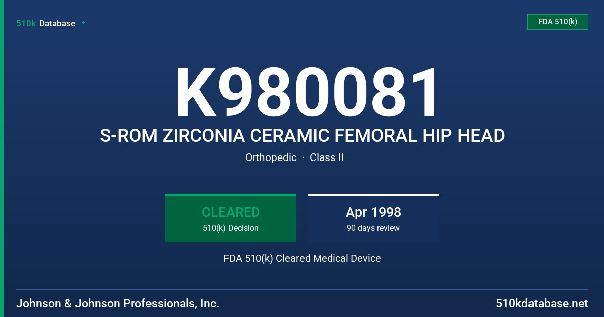 K980081 S-ROM ZIRCONIA CERAMIC FEMORAL HIP HEAD FDA 510(k) Cleared Medical Device