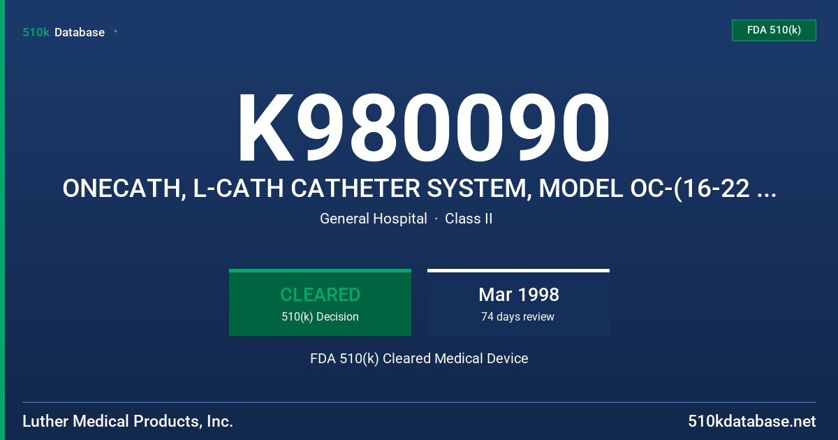 K980090 ONECATH, L-CATH CATHETER SYSTEM, MODEL OC-(16-22 GA., 5CM-60CM) FDA 510(k) Cleared Medical Device