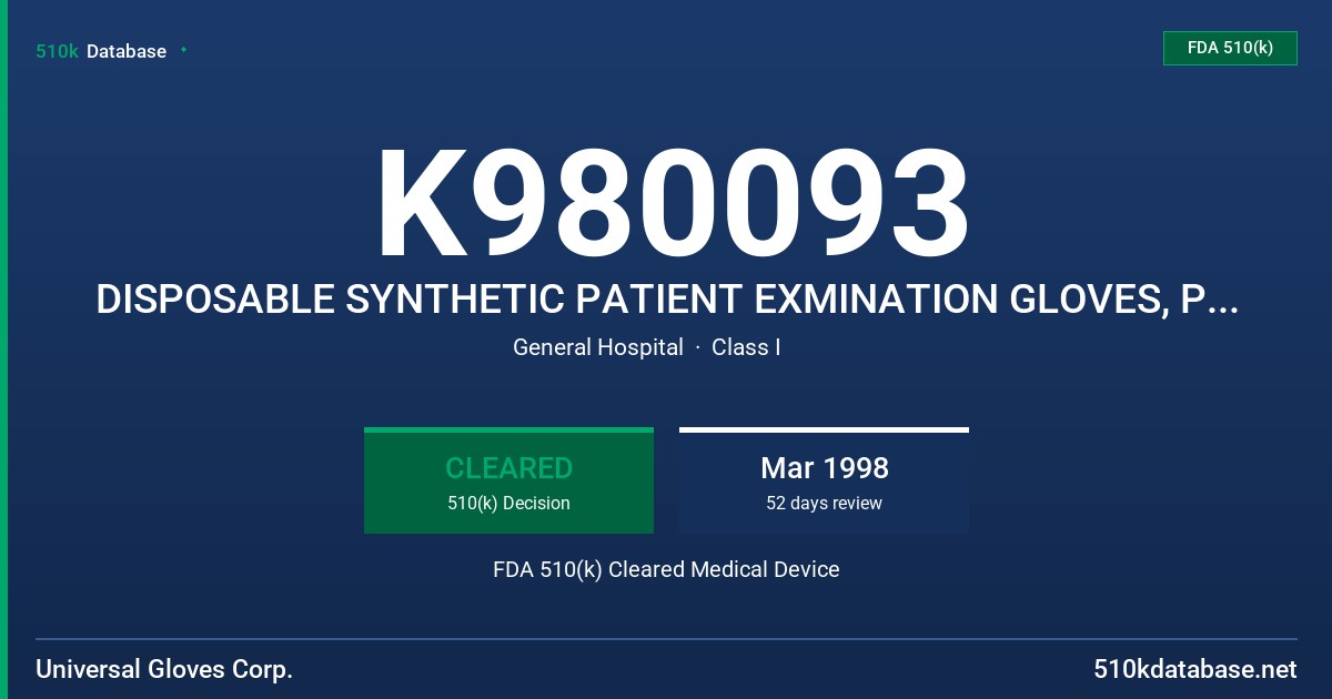 K980093 DISPOSABLE SYNTHETIC PATIENT EXMINATION GLOVES, POWDER FREE FDA 510(k) Cleared Medical Device