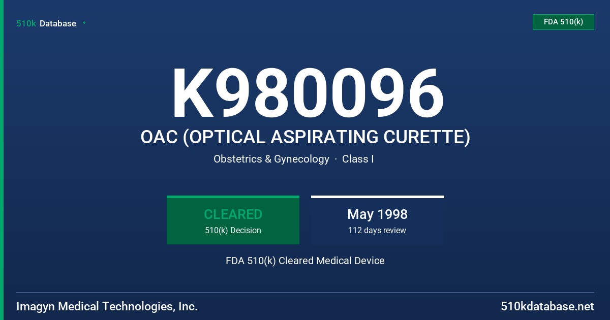 K980096 OAC (OPTICAL ASPIRATING CURETTE) FDA 510(k) Cleared Medical Device