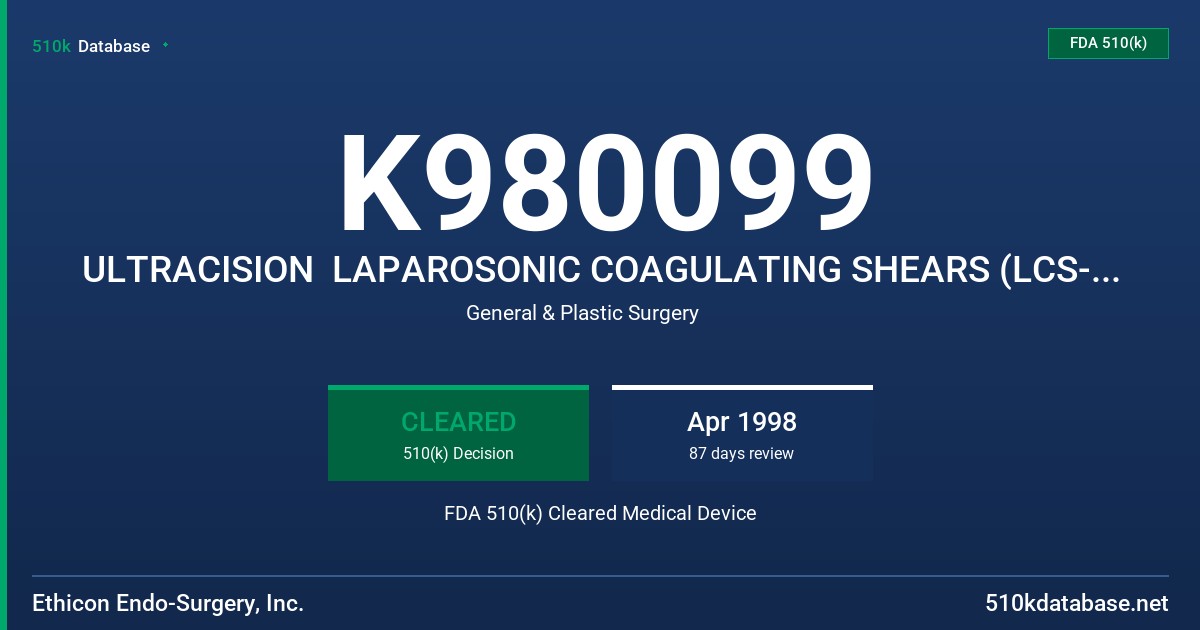 K980099 ULTRACISION  LAPAROSONIC COAGULATING SHEARS (LCS-5(LCSK5 AND LCSB5)) FDA 510(k) Cleared Medical Device