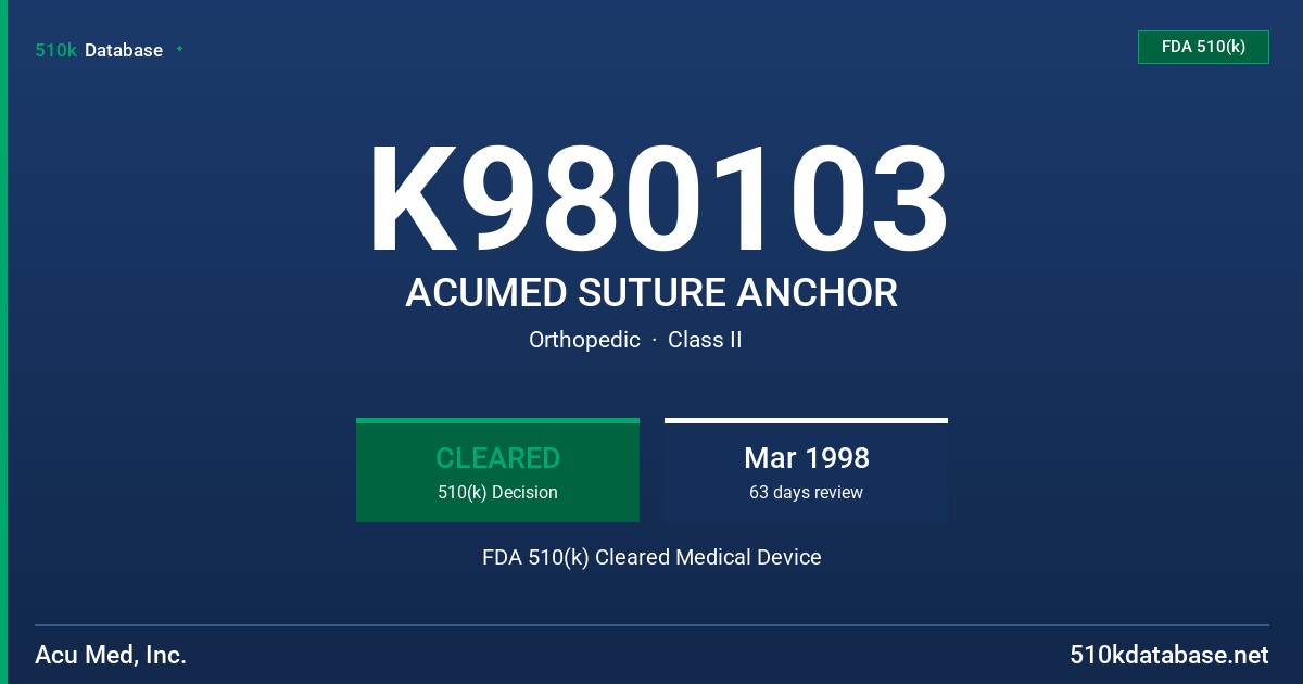 K980103 ACUMED SUTURE ANCHOR FDA 510(k) Cleared Medical Device