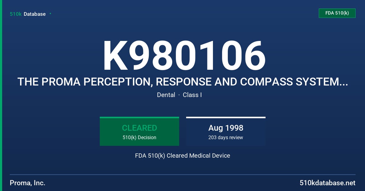 K980106 THE PROMA PERCEPTION, RESPONSE AND COMPASS SYSTEM AND ACCESSORIES FDA 510(k) Cleared Medical Device