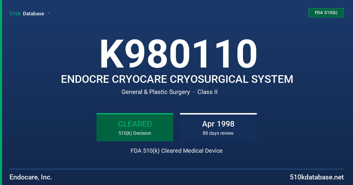 K980110 ENDOCRE CRYOCARE CRYOSURGICAL SYSTEM FDA 510(k) Cleared Medical Device