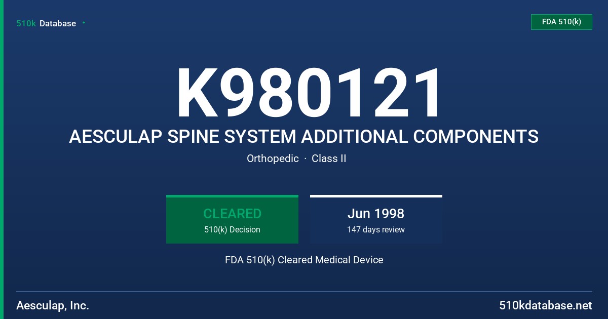K980121 AESCULAP SPINE SYSTEM ADDITIONAL COMPONENTS FDA 510(k) Cleared Medical Device
