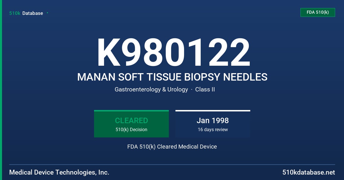 K980122 MANAN SOFT TISSUE BIOPSY NEEDLES FDA 510(k) Cleared Medical Device
