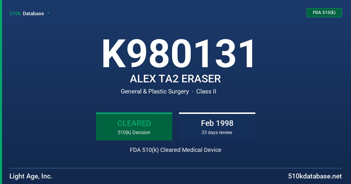 K980131 ALEX TA2 ERASER FDA 510(k) Cleared Medical Device