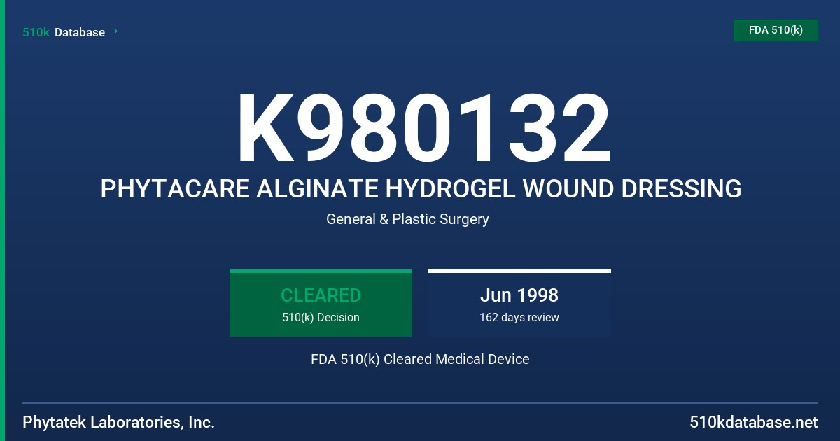 K980132 PHYTACARE ALGINATE HYDROGEL WOUND DRESSING FDA 510(k) Cleared Medical Device