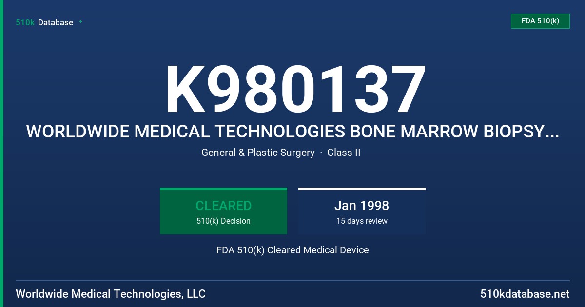 K980137 WORLDWIDE MEDICAL TECHNOLOGIES BONE MARROW BIOPSY PROCEDURE TRAY FDA 510(k) Cleared Medical Device