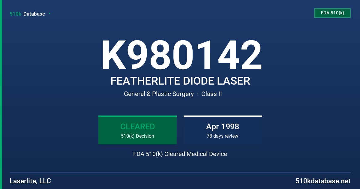 K980142 FEATHERLITE DIODE LASER FDA 510(k) Cleared Medical Device