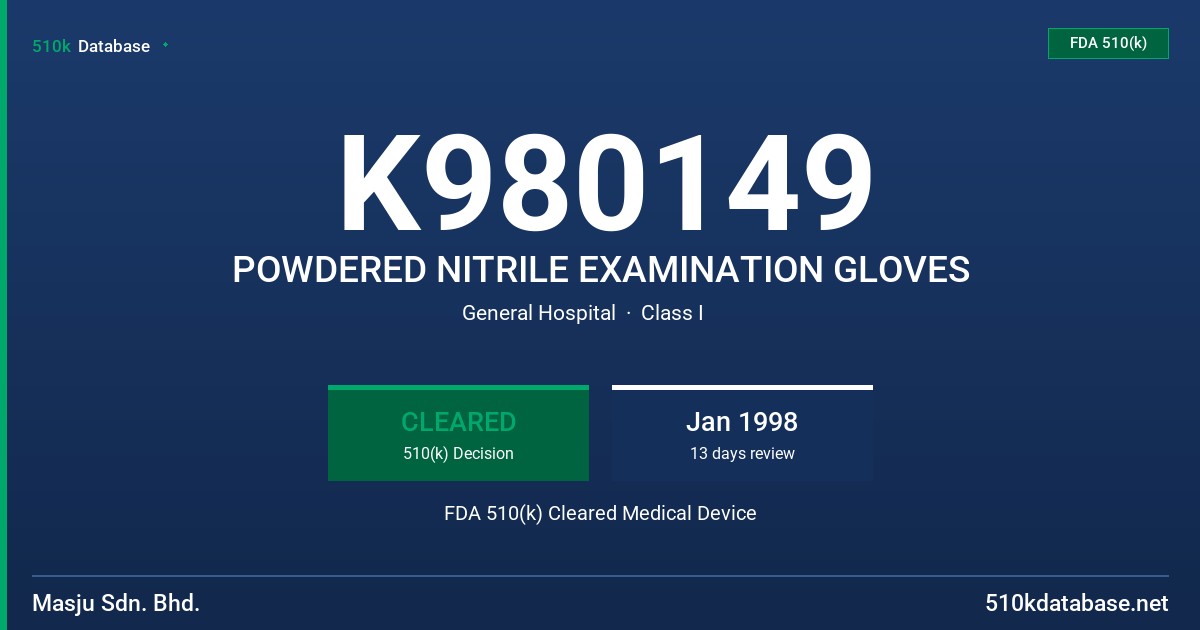 K980149 POWDERED NITRILE EXAMINATION GLOVES FDA 510(k) Cleared Medical Device