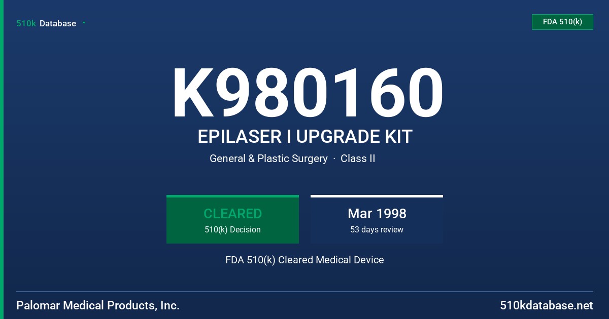 K980160 EPILASER I UPGRADE KIT FDA 510(k) Cleared Medical Device
