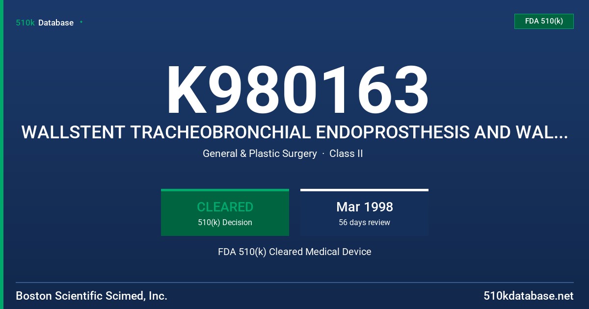 K980163 WALLSTENT TRACHEOBRONCHIAL ENDOPROSTHESIS AND WALLSTENT TRACHEOBRONCHIAL ENDOPROSTHESIS WITH PERMALUME COVERING FDA 510(k) Cleared Medical Device