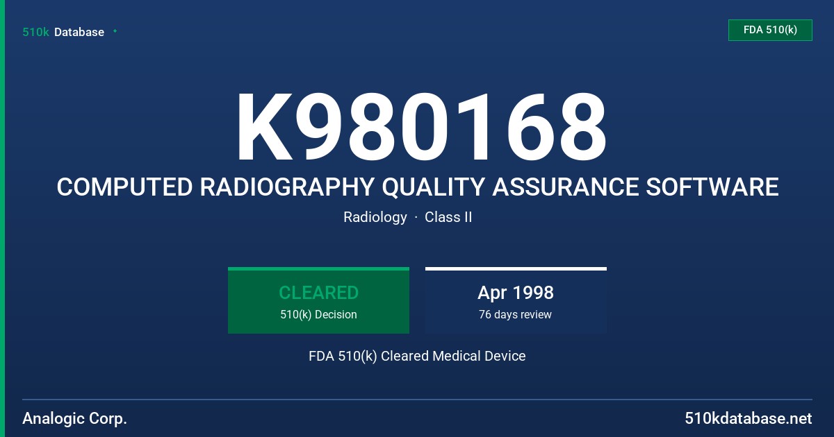 K980168 COMPUTED RADIOGRAPHY QUALITY ASSURANCE SOFTWARE FDA 510(k) Cleared Medical Device
