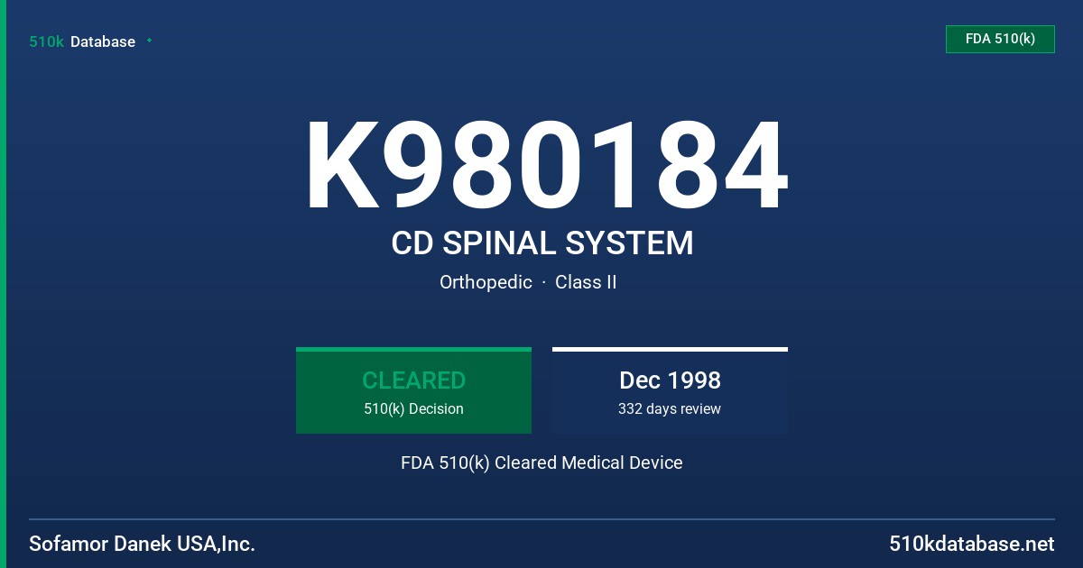 K980184 CD SPINAL SYSTEM FDA 510(k) Cleared Medical Device