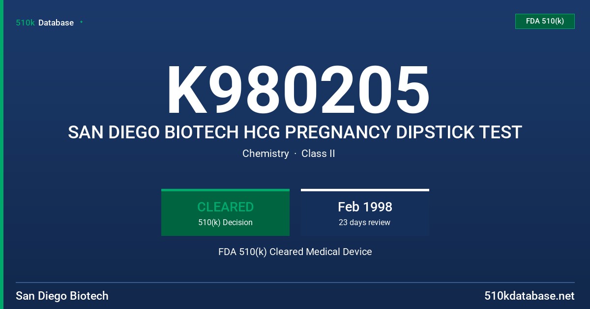K980205 SAN DIEGO BIOTECH HCG PREGNANCY DIPSTICK TEST FDA 510(k) Cleared Medical Device