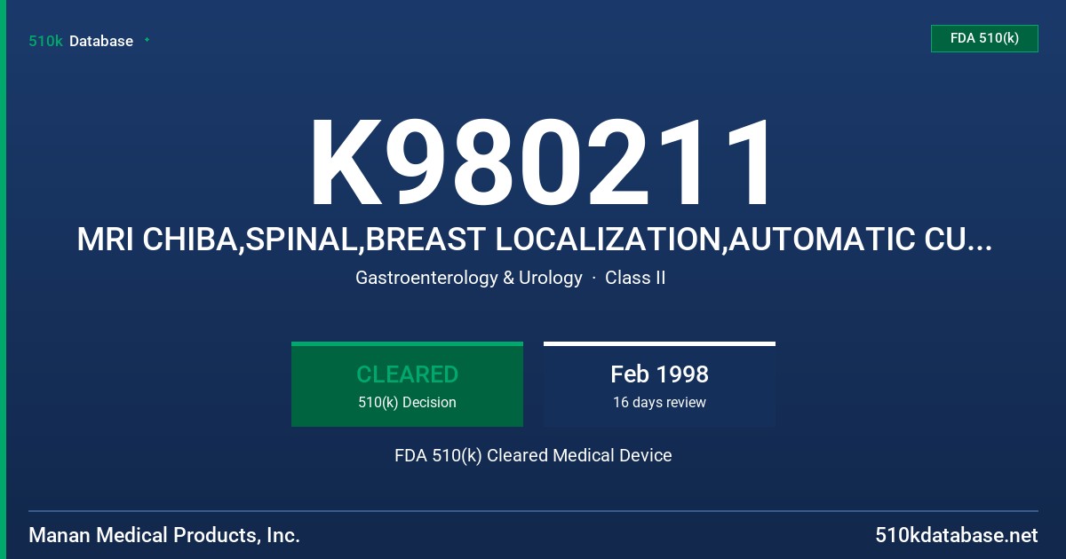 K980211 MRI CHIBA,SPINAL,BREAST LOCALIZATION,AUTOMATIC CUTTING NEEDLES FDA 510(k) Cleared Medical Device