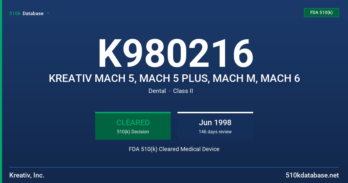 K980216 KREATIV MACH 5, MACH 5 PLUS, MACH M, MACH 6 FDA 510(k) Cleared Medical Device