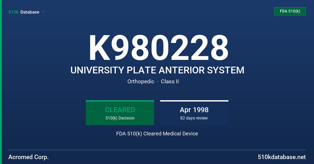 K980228 UNIVERSITY PLATE ANTERIOR SYSTEM FDA 510(k) Cleared Medical Device