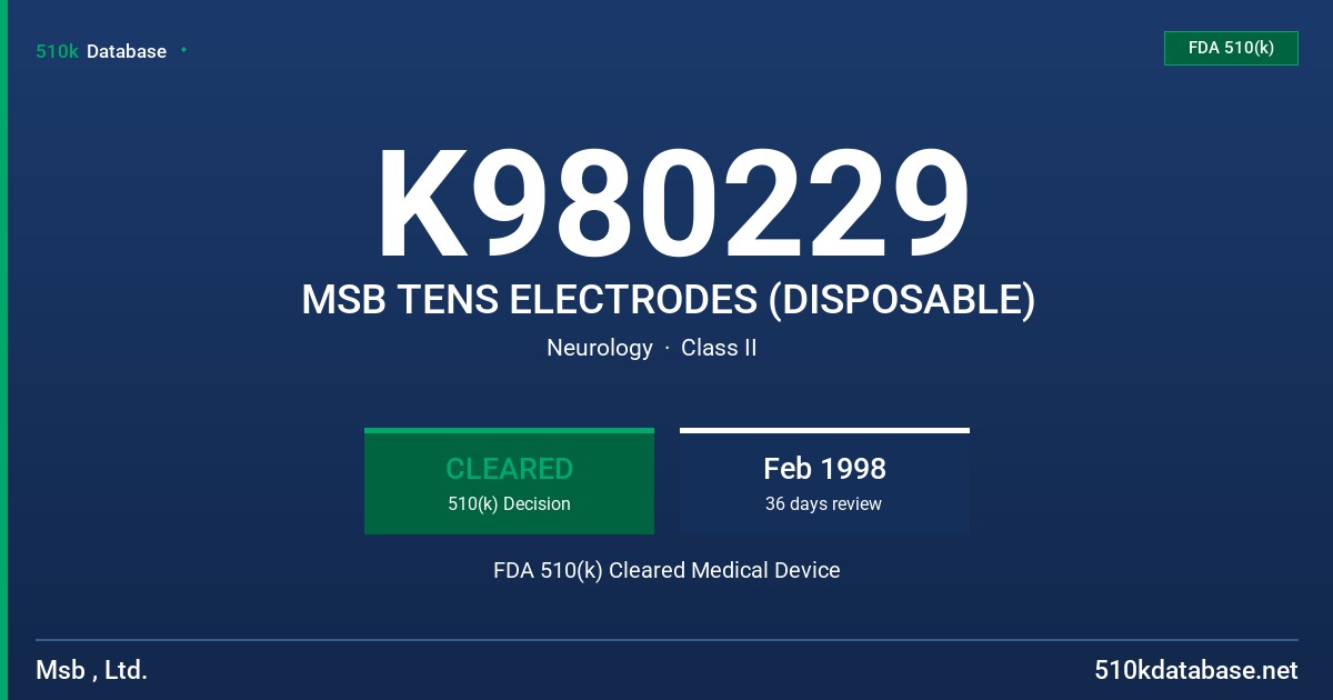K980229 MSB TENS ELECTRODES (DISPOSABLE) FDA 510(k) Cleared Medical Device