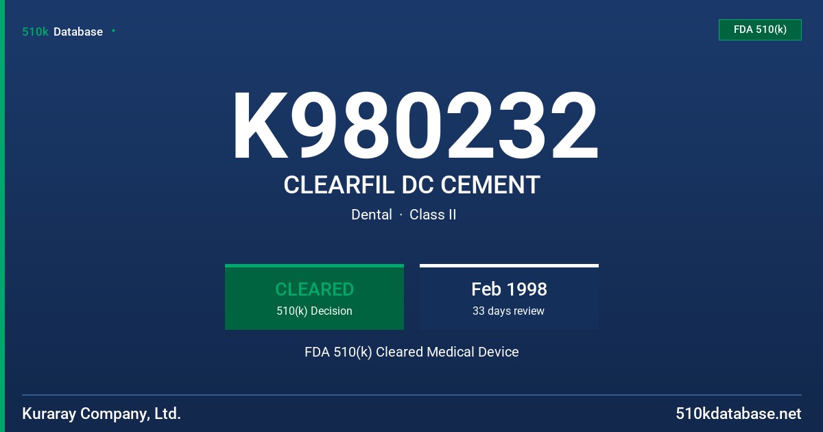 K980232 CLEARFIL DC CEMENT FDA 510(k) Cleared Medical Device