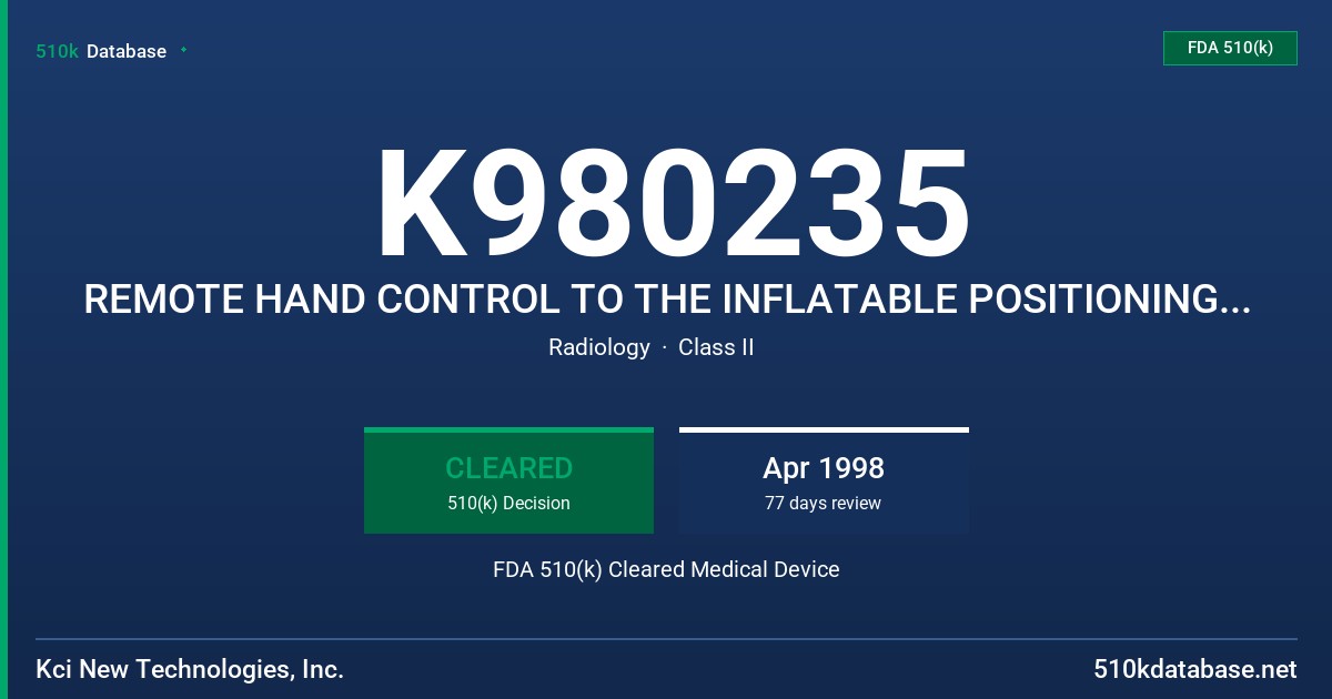 K980235 REMOTE HAND CONTROL TO THE INFLATABLE POSITIONING CUSHION (A.K.A. IMAGEAIR) FDA 510(k) Cleared Medical Device