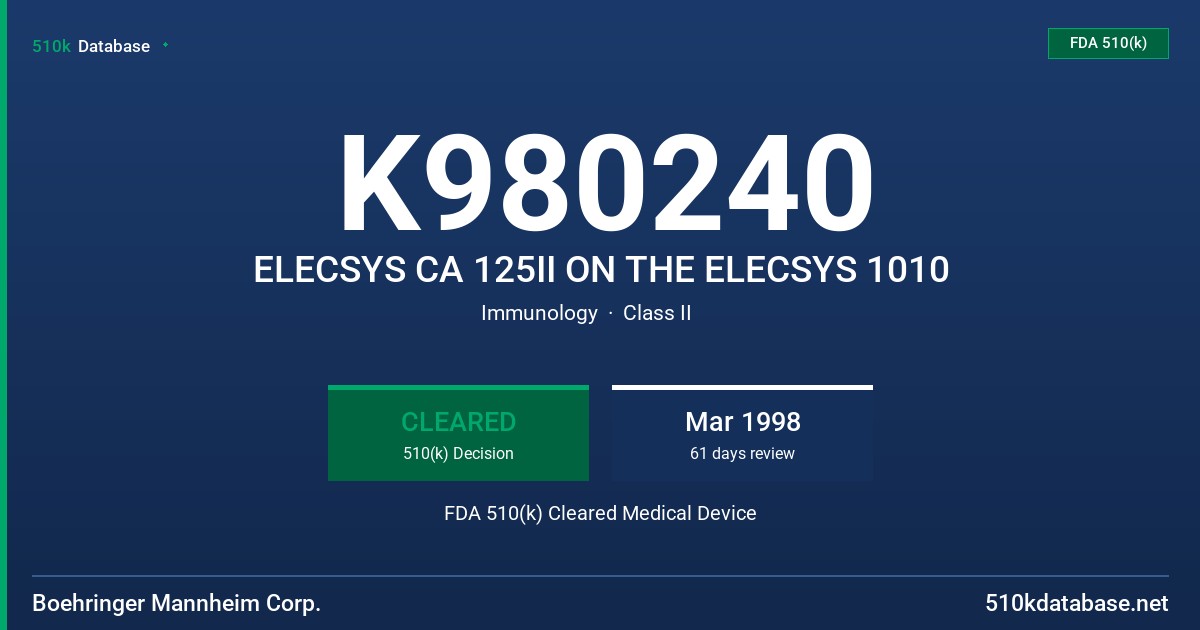 K980240 ELECSYS CA 125II ON THE ELECSYS 1010 FDA 510(k) Cleared Medical Device