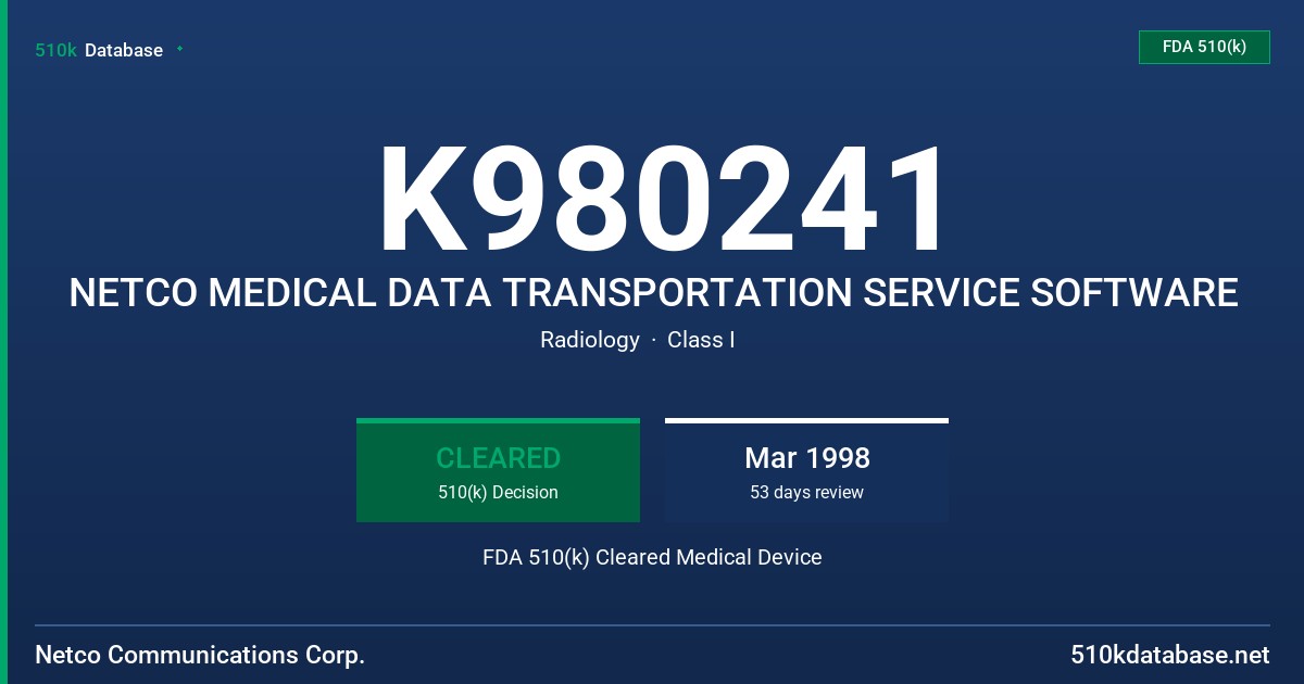 K980241 NETCO MEDICAL DATA TRANSPORTATION SERVICE SOFTWARE FDA 510(k) Cleared Medical Device