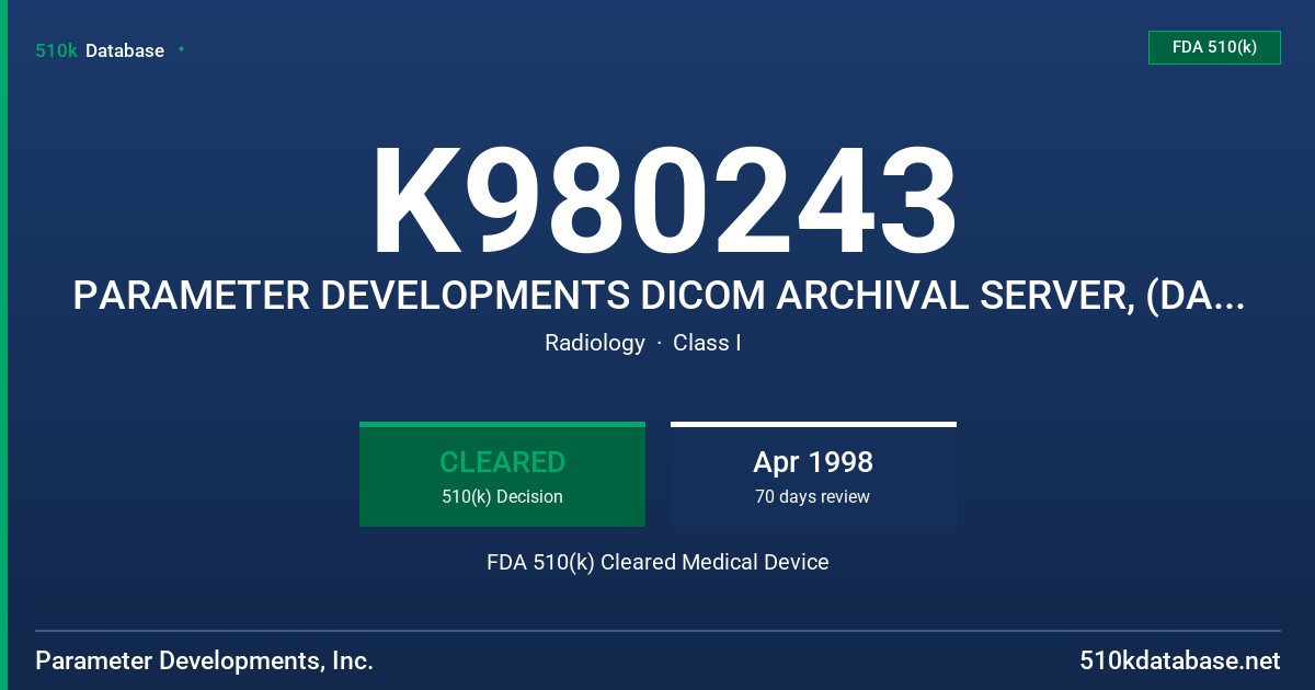 K980243 PARAMETER DEVELOPMENTS DICOM ARCHIVAL SERVER, (DAS)/DICOM INTRANET SERVICE (DIS) FDA 510(k) Cleared Medical Device