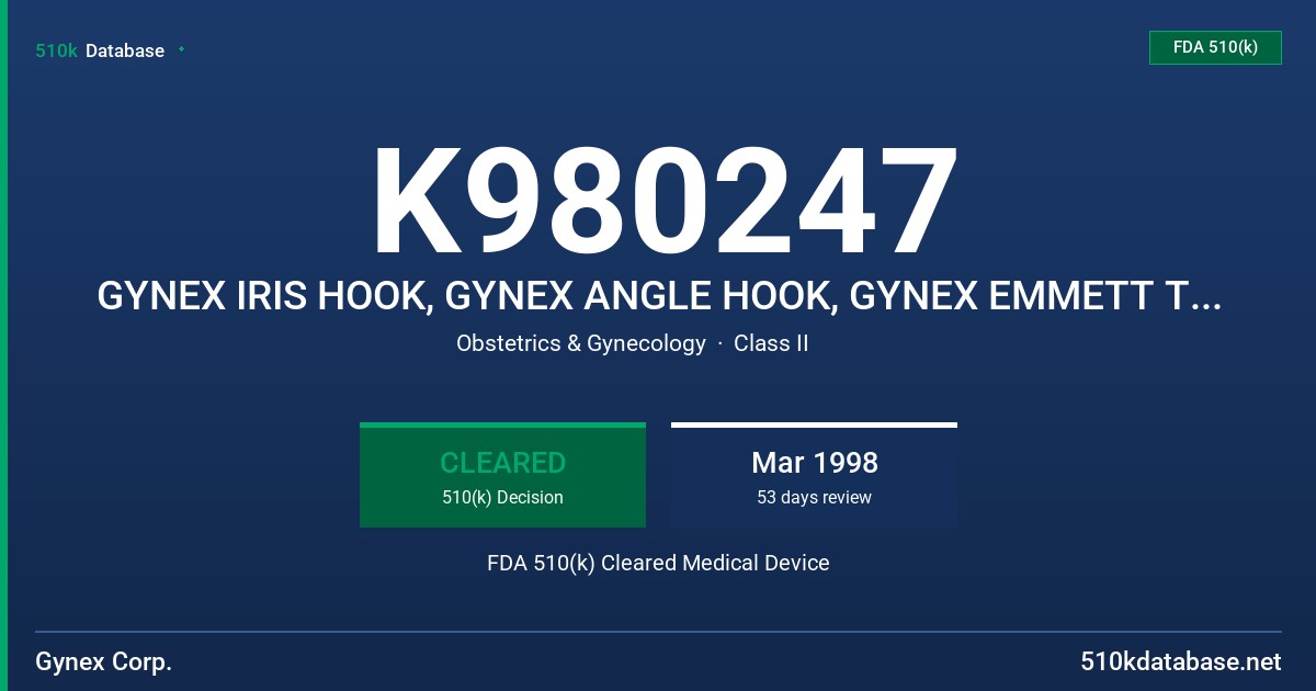 K980247 GYNEX IRIS HOOK, GYNEX ANGLE HOOK, GYNEX EMMETT TENACULUM FDA 510(k) Cleared Medical Device