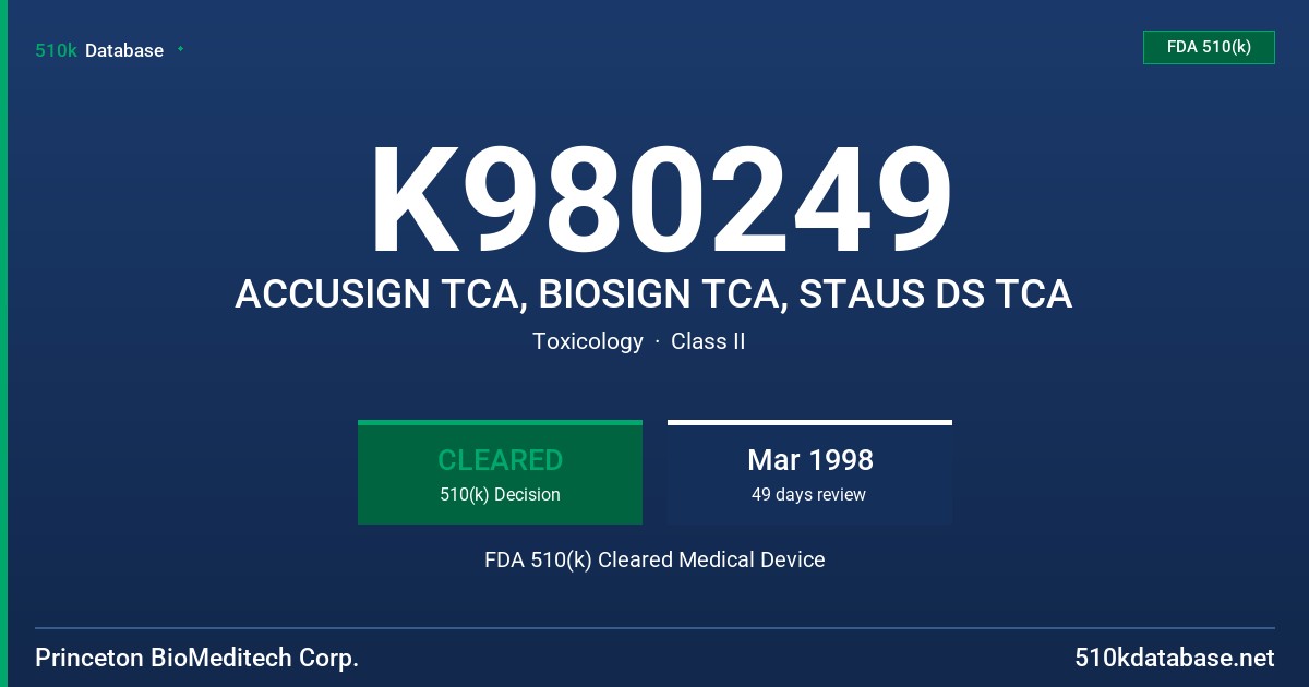 K980249 ACCUSIGN TCA, BIOSIGN TCA, STAUS DS TCA FDA 510(k) Cleared Medical Device