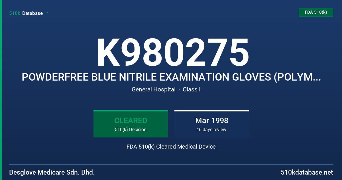 K980275 POWDERFREE BLUE NITRILE EXAMINATION GLOVES (POLYMER COATED) FDA 510(k) Cleared Medical Device