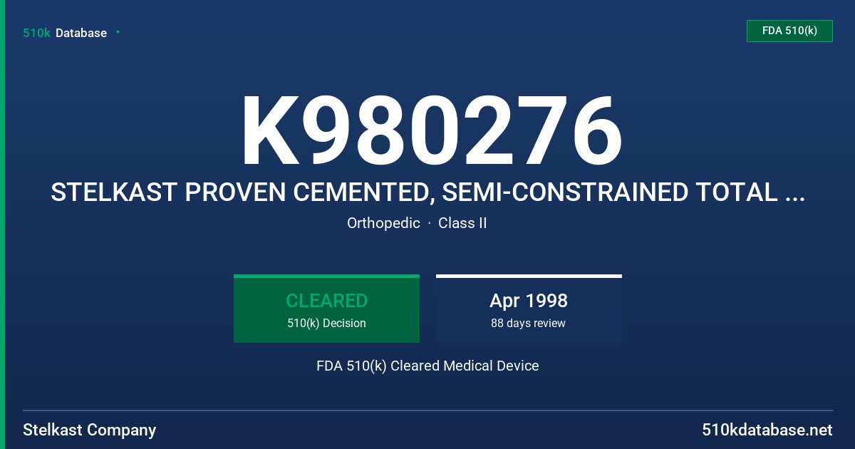 K980276 STELKAST PROVEN CEMENTED, SEMI-CONSTRAINED TOTAL KNEE SYSTEM FDA 510(k) Cleared Medical Device