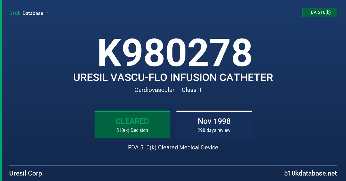 K980278 URESIL VASCU-FLO INFUSION CATHETER FDA 510(k) Cleared Medical Device