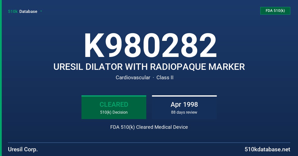 K980282 URESIL DILATOR WITH RADIOPAQUE MARKER FDA 510(k) Cleared Medical Device