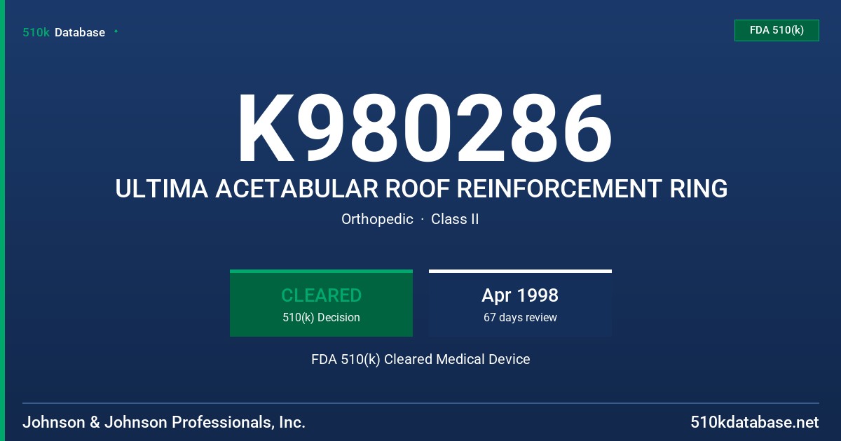 K980286 ULTIMA ACETABULAR ROOF REINFORCEMENT RING FDA 510(k) Cleared Medical Device