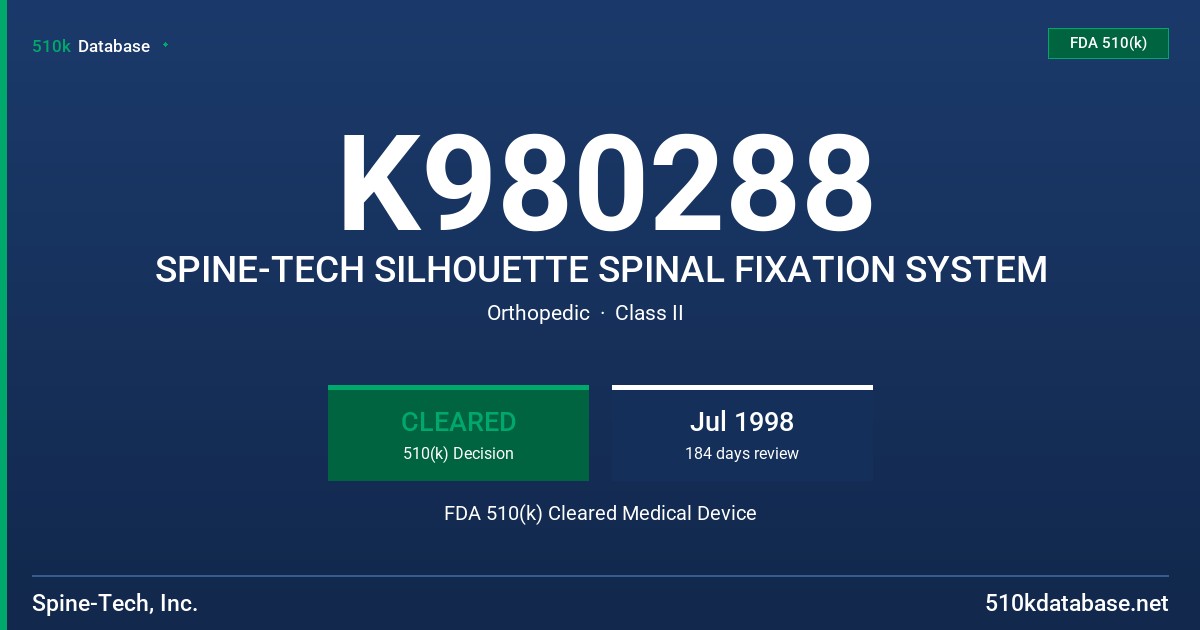 K980288 SPINE-TECH SILHOUETTE SPINAL FIXATION SYSTEM FDA 510(k) Cleared Medical Device