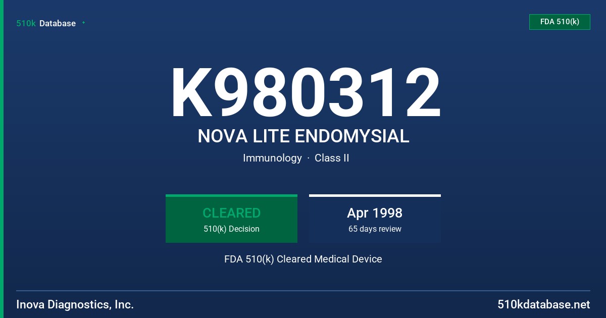 K980312 NOVA LITE ENDOMYSIAL FDA 510(k) Cleared Medical Device