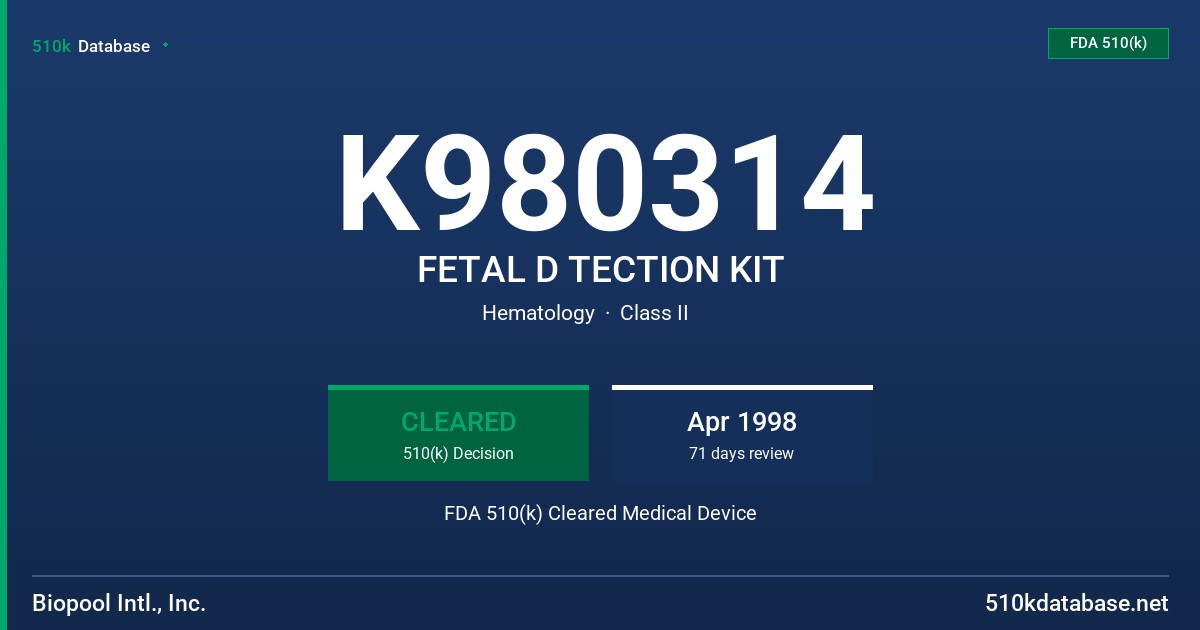 K980314 FETAL D TECTION KIT FDA 510(k) Cleared Medical Device