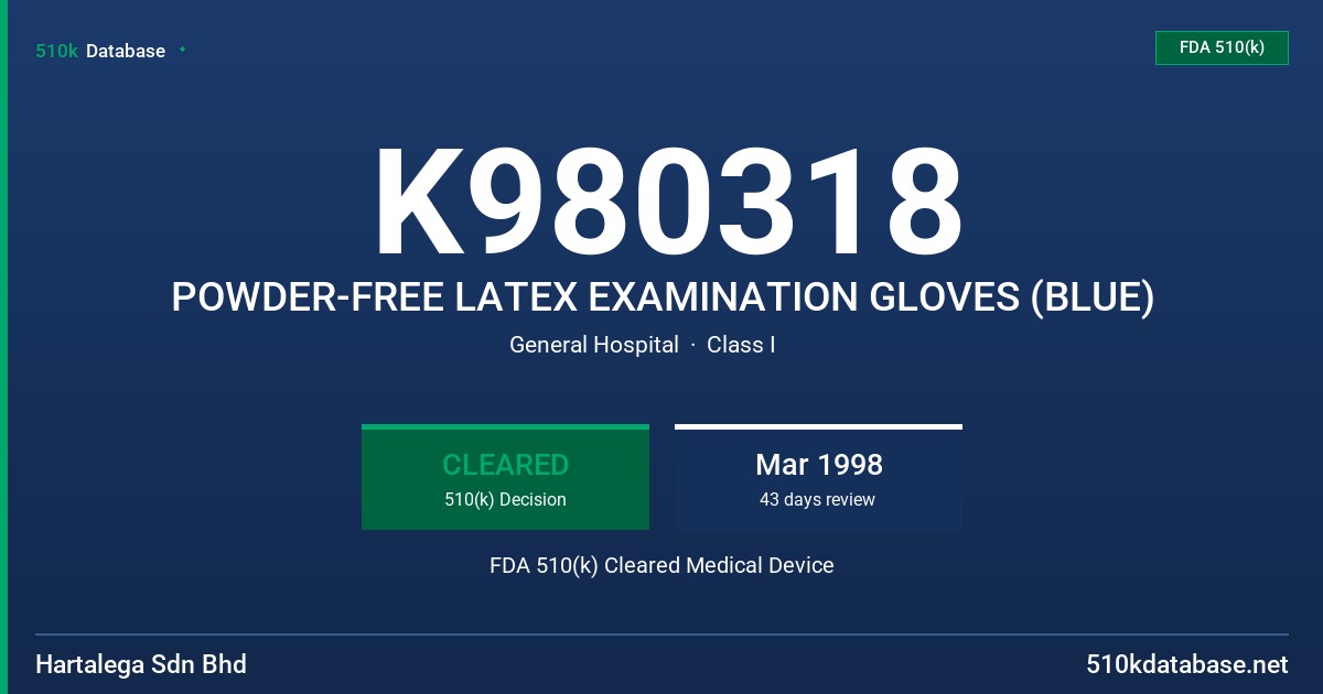 K980318 POWDER-FREE LATEX EXAMINATION GLOVES (BLUE) FDA 510(k) Cleared Medical Device