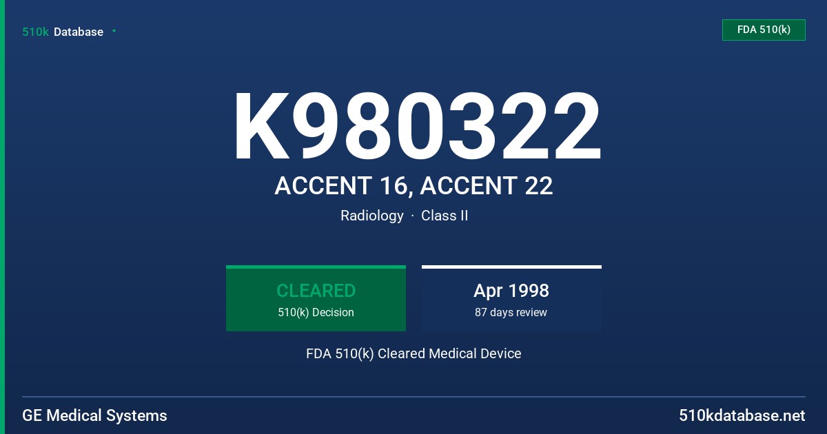 K980322 ACCENT 16, ACCENT 22 FDA 510(k) Cleared Medical Device