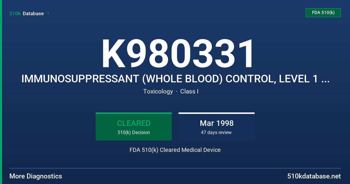 K980331 IMMUNOSUPPRESSANT (WHOLE BLOOD) CONTROL, LEVEL 1 250-1, IMMUNOSUPPRESSANT (WHOLE BLOOS) CONTROL, LEVEL 2, 250-2, IMMUN\S FDA 510(k) Cleared Medical Device
