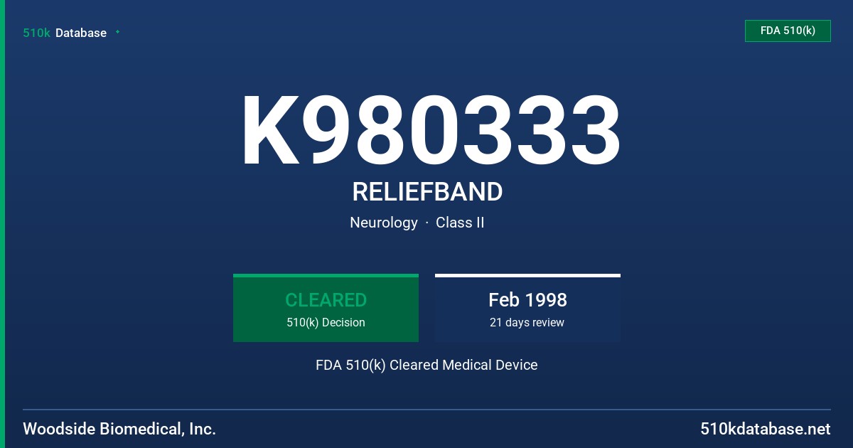 K980333 RELIEFBAND FDA 510(k) Cleared Medical Device