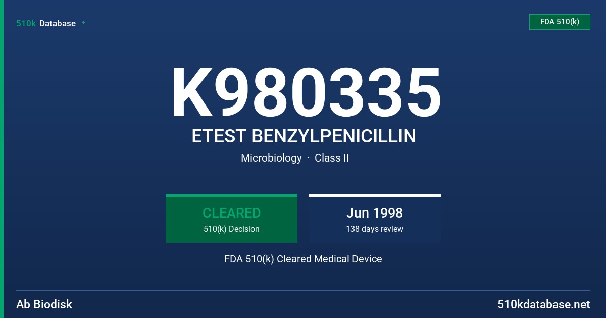 K980335 ETEST BENZYLPENICILLIN FDA 510(k) Cleared Medical Device