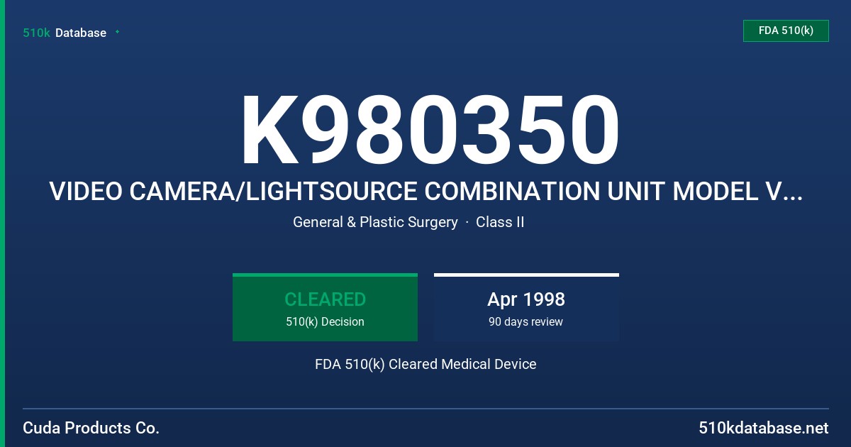 K980350 VIDEO CAMERA/LIGHTSOURCE COMBINATION UNIT MODEL VCL-150 FDA 510(k) Cleared Medical Device