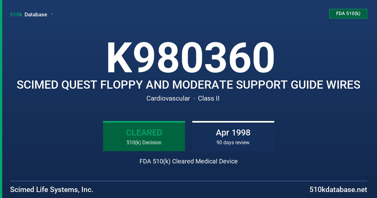 K980360 SCIMED QUEST FLOPPY AND MODERATE SUPPORT GUIDE WIRES FDA 510(k) Cleared Medical Device