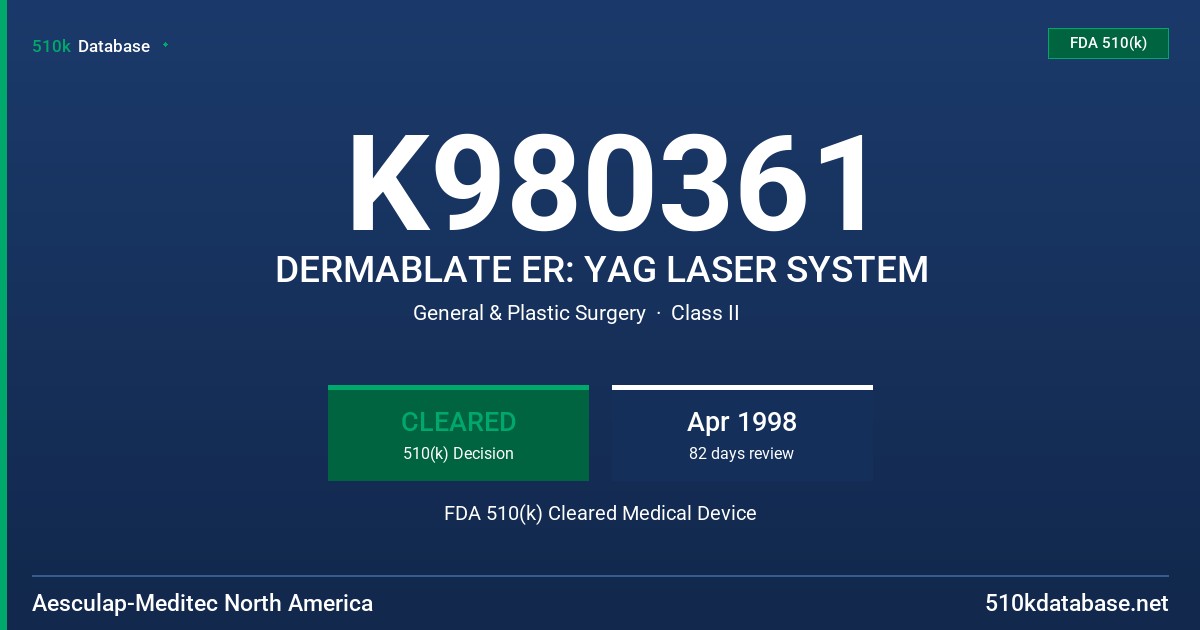 K980361 DERMABLATE ER: YAG LASER SYSTEM FDA 510(k) Cleared Medical Device