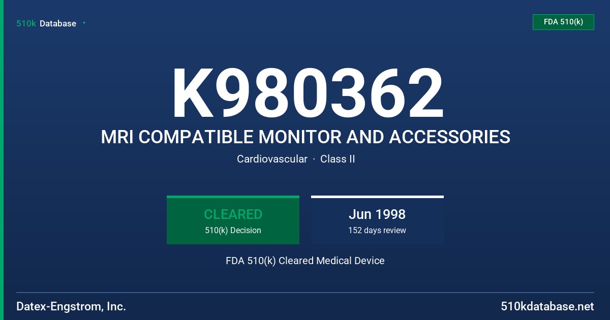 K980362 MRI COMPATIBLE MONITOR AND ACCESSORIES FDA 510(k) Cleared Medical Device